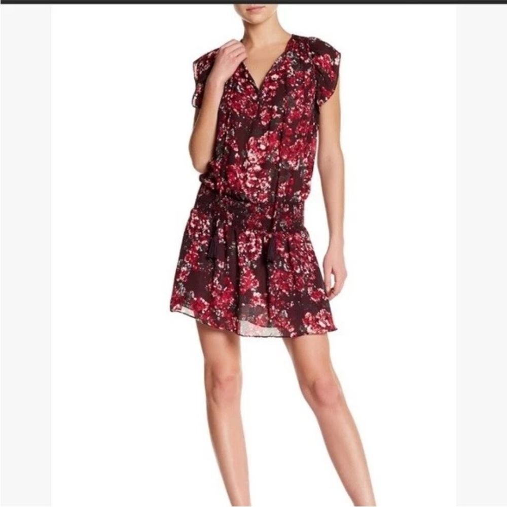 Parker FLOWER Floral Printed CINCH WAIST Mini Dress FLUTTER SLEEVE Sz Small $298